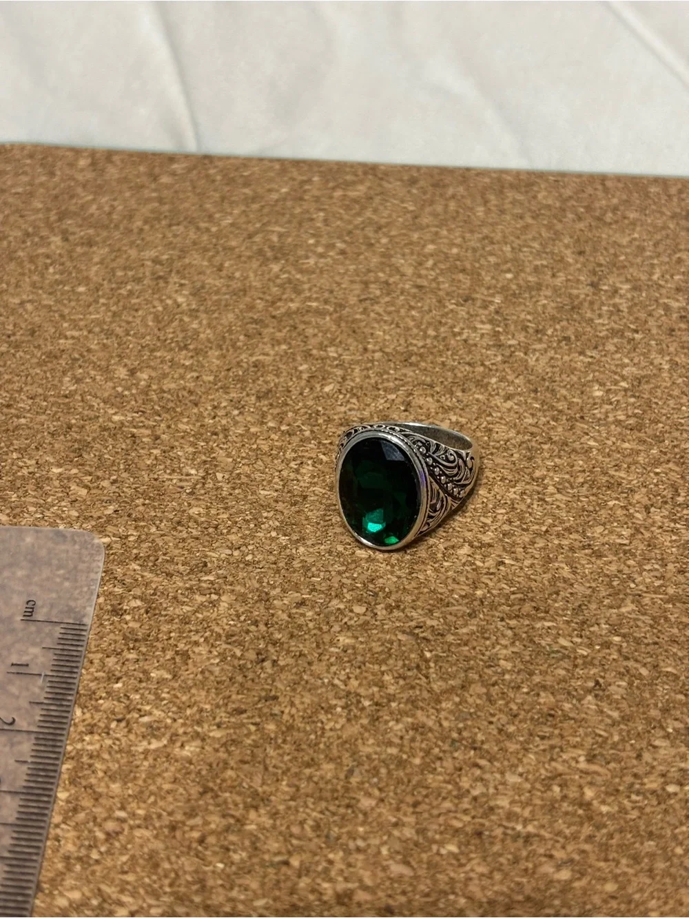 Silver Ring with Emerald Green Stone - Classic Statement Vintage Goth Unisex